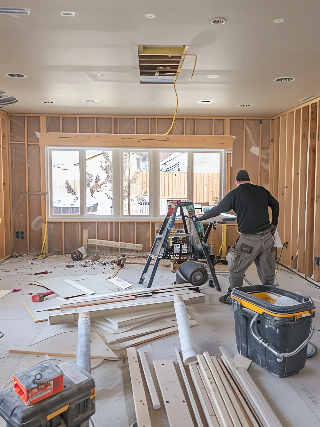 Room mid-remodel with framing and new materials